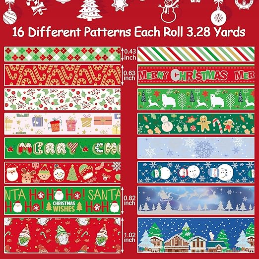 16 Rolls Christmas Washi Tape Holiday Masking Tape Red Green Christmas Wrapping - Image 2