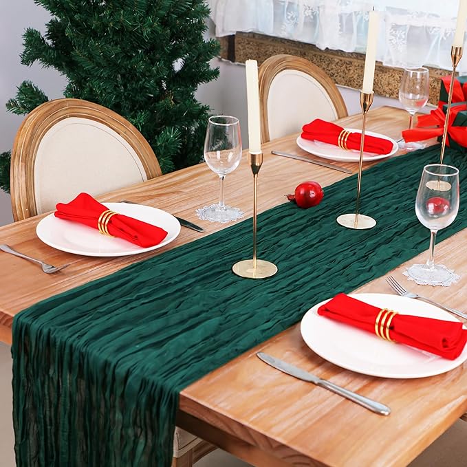 Snowkingdom Emerald Green Table Runner 120 Inch 10 Ft Rustic Boho Dark Green - Image 3
