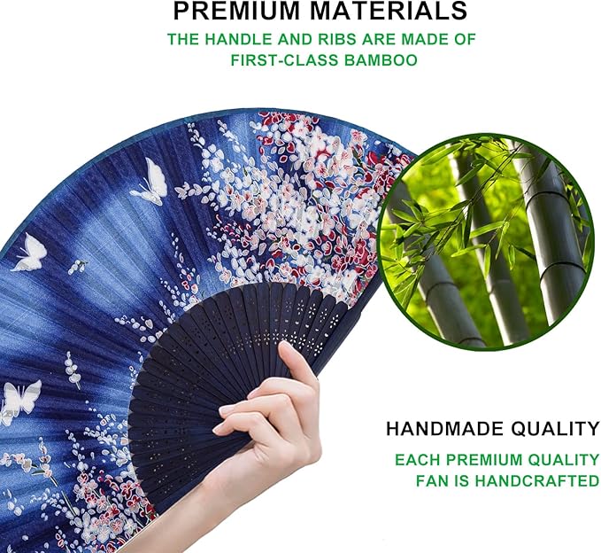 Amajiji 8.27" Hand Held Bamboo Silk Folding Fan Hand Fan, Chinese/Japanese - Image 3
