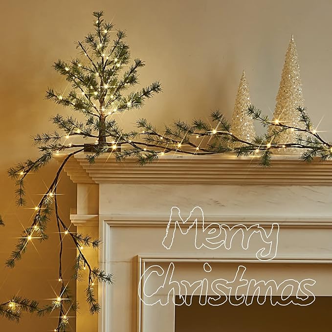 Fudios Lighted Christmas Pine Garland 6FT 48 Warm White LED Battery Operated - Image 7