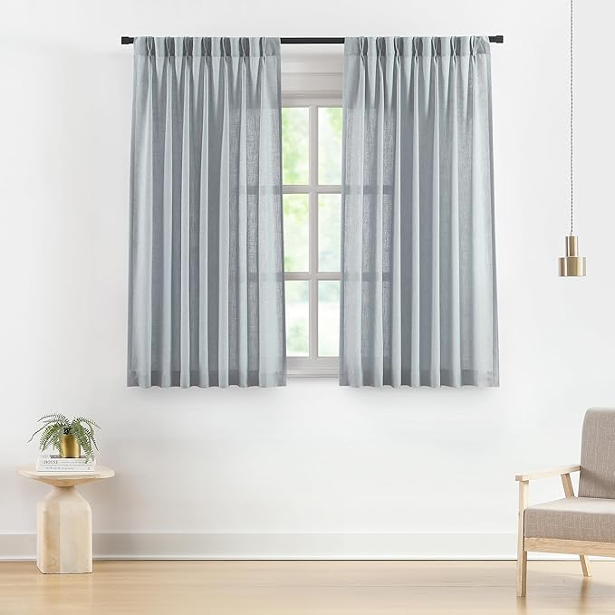Vision Home Blue Grey Pinch Pleated Semi Sheer Curtains Textured Linen Blended by VisionHome