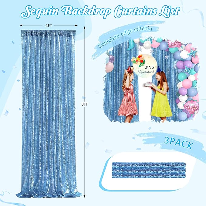 Sequin Backdrop Drapes 3 Panels Fabric Curtain 2FT x 8FT Baby Blue Wedding - Image 2