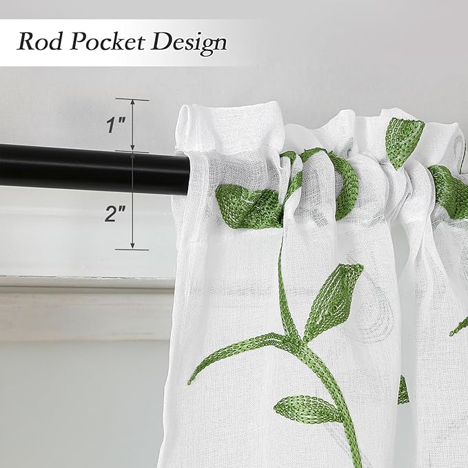 VISIONTEX Sheer Voile Curtain Valances, Decorative Leaves Embroidered, Rod - Image 3