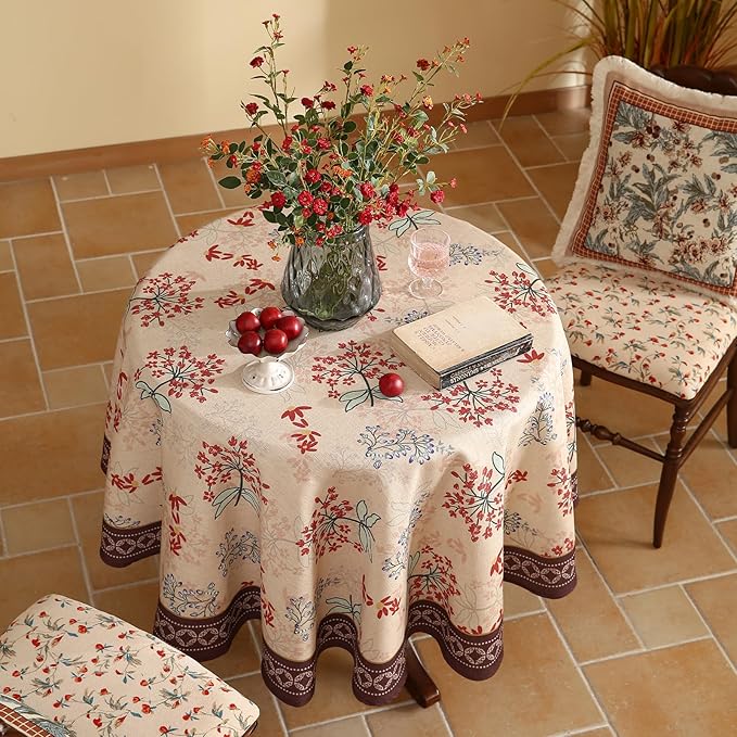 patdrea Designer Linen French Round Table Cloth, Vintage Red Floral Durable - Image 8