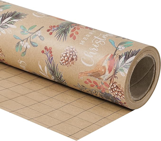 RUSPEPA Kraft Christmas Wrapping Paper Roll, Mini Roll, Vintage Bird on Pine - Image 9