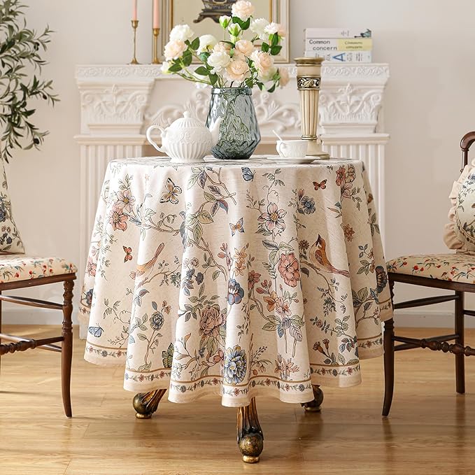 ISAENNE Designer French Light Beige Round Tablecloth, Linen Florals and Birds - Image 2