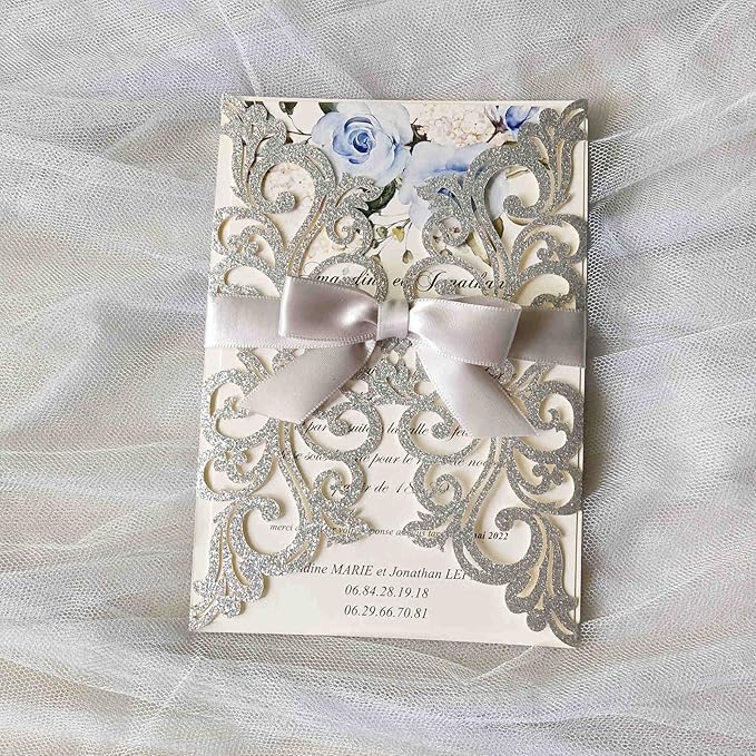 25PCS Silver Glitter Laser Cut Wedding Invitations Cards - Image 4