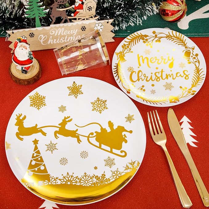 Supernal 150pcs Christmas Plates, Christmas Plastic Dinnerware include Gold - Image 4