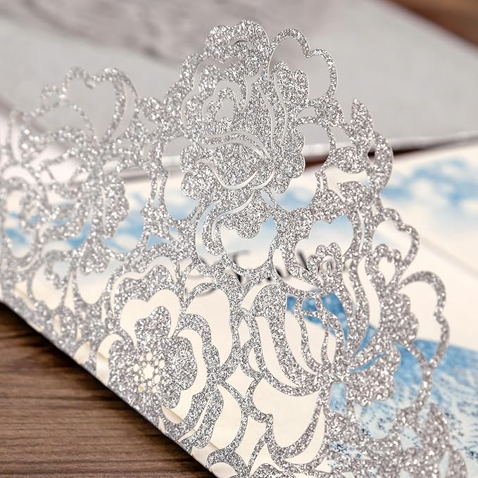 DORIS HOME 50pcs Laser Cut Quinceanera Invitations Silver Glitter, 4.7x7.1 - Image 5