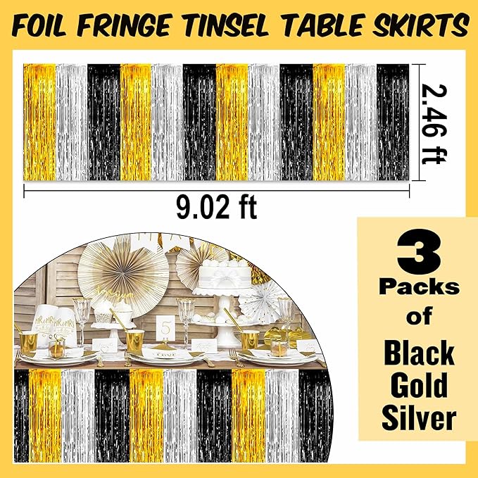 3 Pack 29 x108 Inch Black Gold Silver Foil Fringe Table Skirts Metallic Banner - Image 3