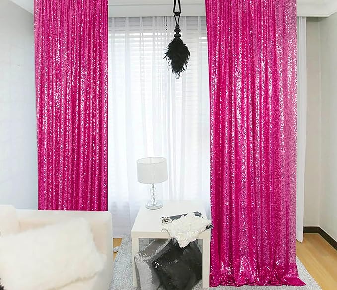 ShinyBeauty 4x10ft Fuchsia Sequin Backdrop | 2 Panels Glitter Curtains by ShinyBeauty
