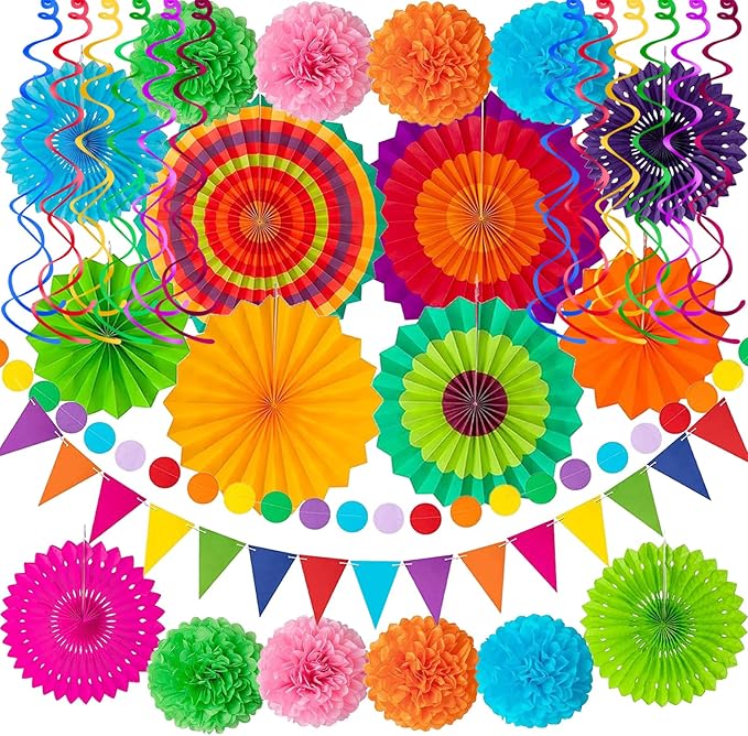 32Pcs Cinco De Mayo Decorations Fiesta Party Decorations Multi-Color Paper Fans by Labrostar
