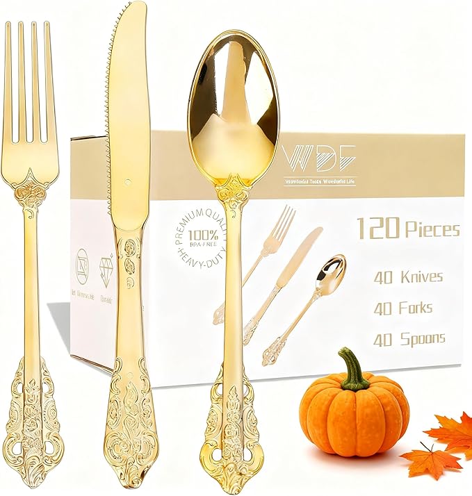 WDF 120PCS Gold Plastic Silverware by WDF