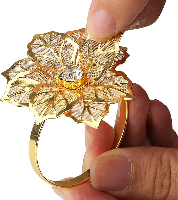 KPOSIYA Flower Napkin Rings Holder Metal Gold Napkin Rings Set of 6 - Image 4