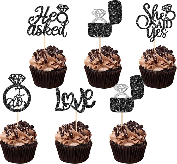 30 PCS He Asked She Said Yes Cupcake Toppers Love I Do Diamond Ring Cupcake by ZHUOWEISM