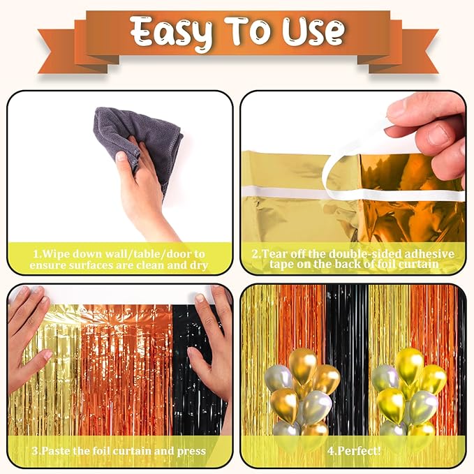 2 Pack Black Gold Orange Foil Fringe Backdrop Curtains, Tinsel Streamers Party - Image 4