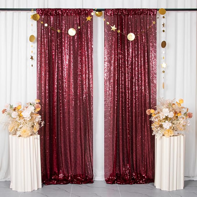 ShinyBeauty Glitter Burgundy Backdrop Curtains 2 Panels 4Ftx7Ft Sequin Curtain - Image 2