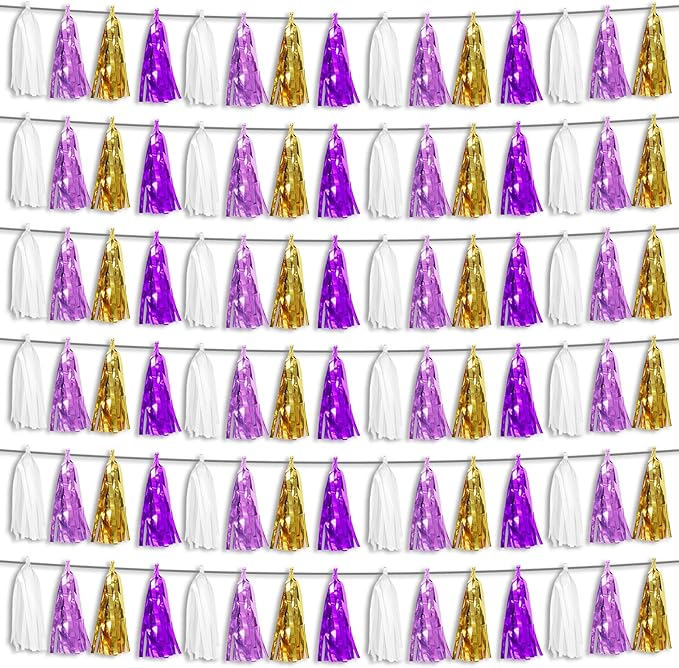 6P Purple-Gold Party Decoration Tassel Garland, Tassels Banner Streamers by HYSILLA