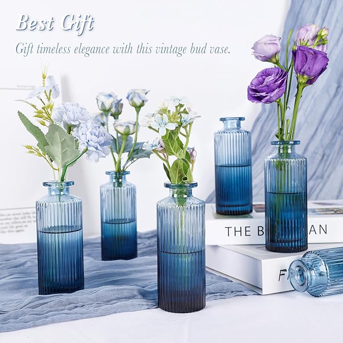 Navy Blue Glass Bud Vases Set of 12, Mini Ribbed Flower Vase - Image 5
