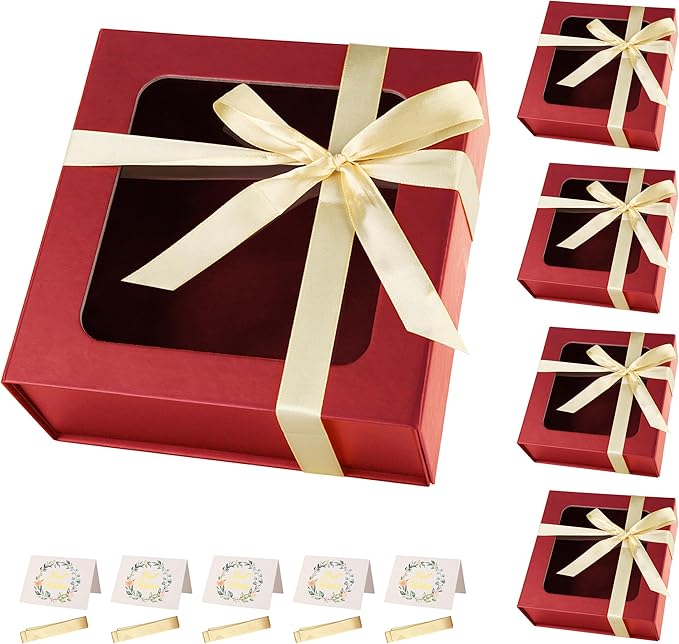 Red Gift Boxes with Window, 7.5"x7.5"x3.1" Bridesmaid Boxe by TIACABO
