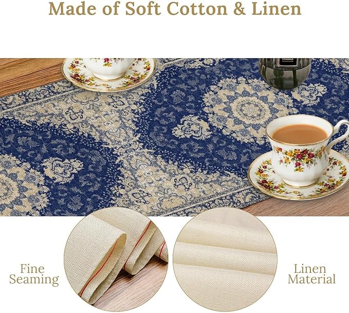 Boho Bohemia Style Dark Blue Table Runner, Country Rustic Farmhouse Magical - Image 6