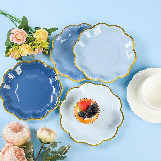 Dusty Blue Party Plates Gradient Blue Dessert Paper Plates 7inch Gold Foil - Image 6