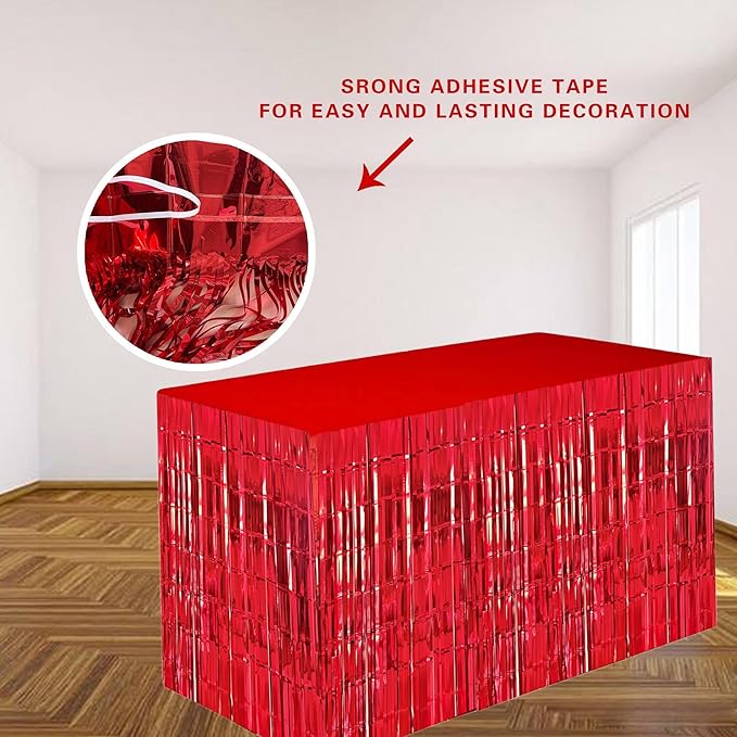 Red Streamers Party Decorations, 2 Packs Red Table Skirts Metallic Foil Fringe - Image 3
