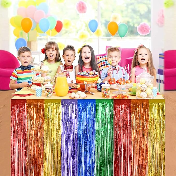 BEISHIDA 2 Pack Rainbow Metallic Tinsel Foil Fringe Table Skirts - Image 4