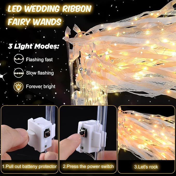 200 PCS Wedding Wands with Lights, Fairy Wands, LED Silk Fairy Wand with Bells - Image 3