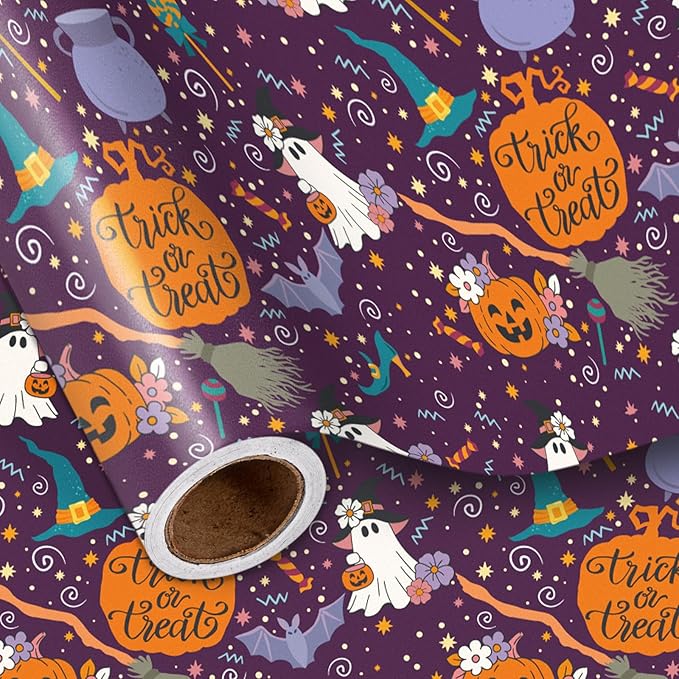 LeZakaa Purple Halloween Wrapping Paper Roll, Cute Trick-or-Treat Ghosts by LeZakaa