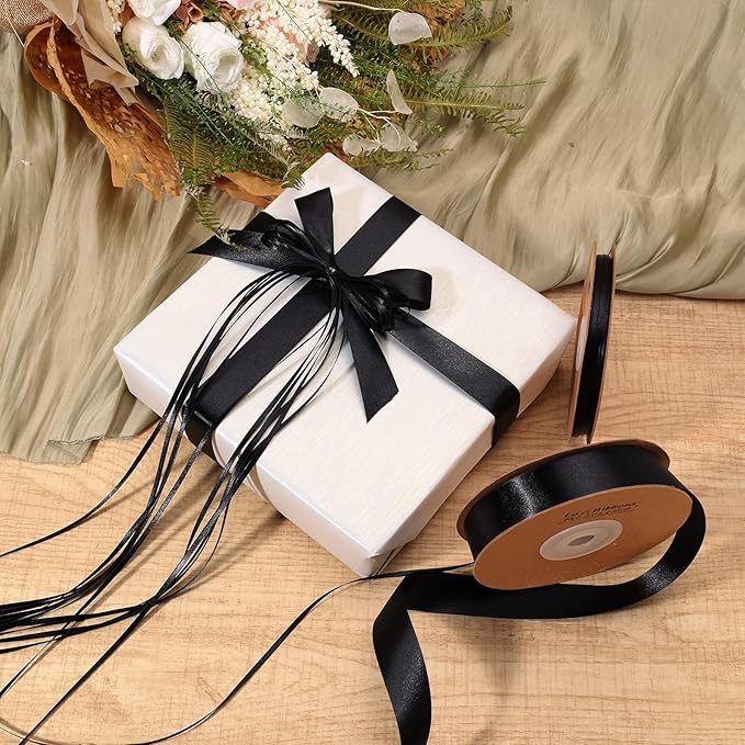 LaRibbons Black Satin Ribbon 1 Inch 25 Yards Luxury Double Faced Black Silk - Image 2