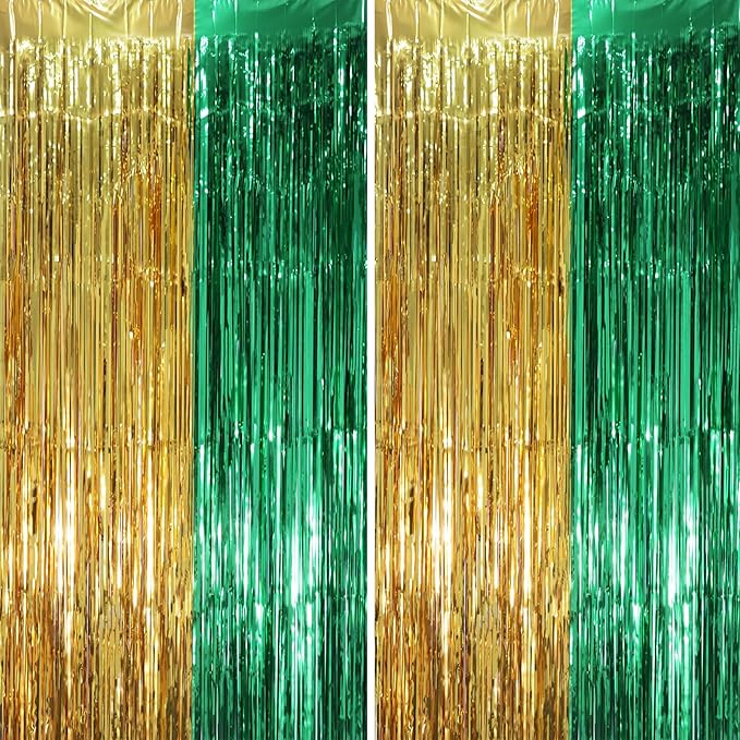 2 Pack Green and Gold Foil Fringe Backdrop Curtains, Tinsel Streamers Party by Voircoloria