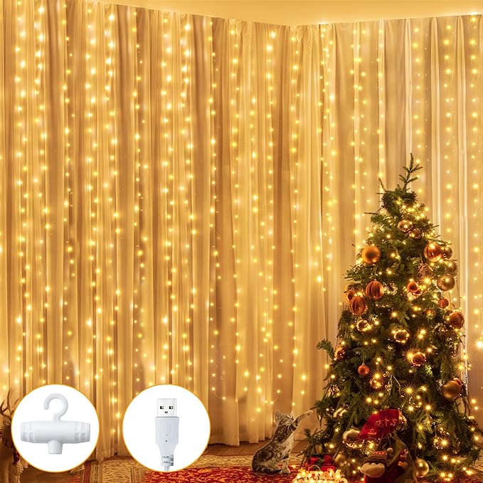 Ollny Silver Copper Wire Fairy Lights Curtain 200 LED 6.6x6.6ft, USB Warm White by Ollny