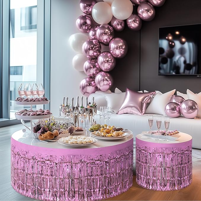 8 Pack Pink Table Skirts, 29x108" Metallic Foil Tinsel Fringe Table Skirts - Image 9