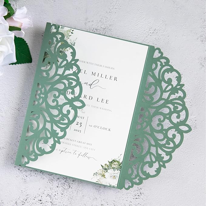 20Pcs Sage Green Laser Cut Invitation Cards - Image 4