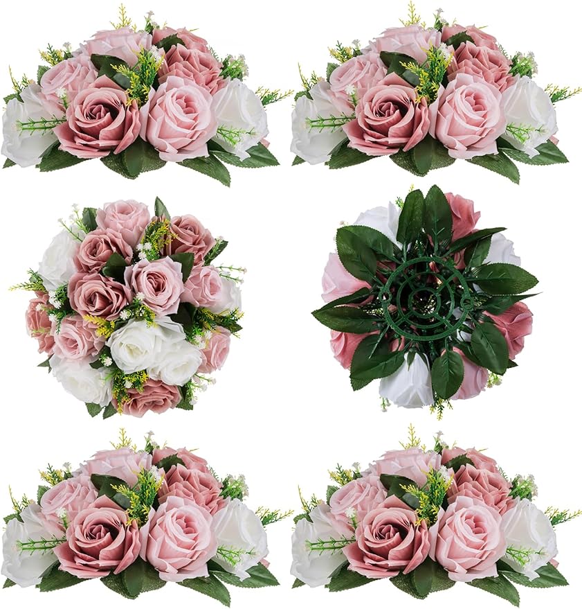 BLOSMON Dusty Rose Flowers Centerpieces: 6 Pcs Pink Roses Artificial Flowers by Blosmon