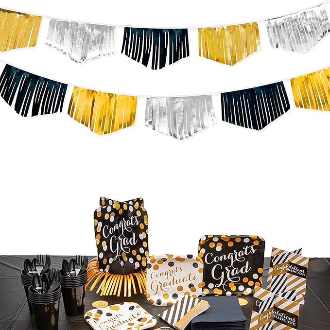Black Silver Gold Tassel Banner Double Sided Metallic Fabric Pennant Bunting by pinkblume