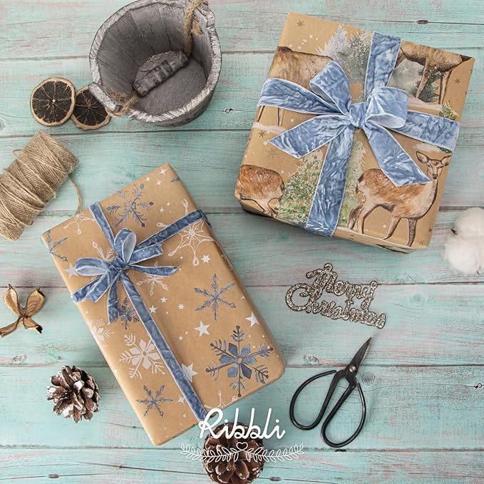 Ribbli Dusty Blue Velvet Ribbon 3/8 Inches Luxury Crinkled Blue Christmas Ribbon - Image 2