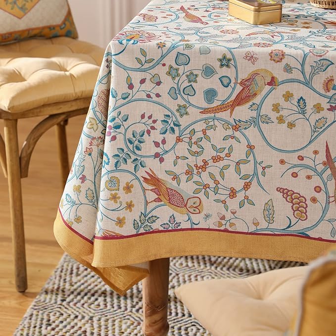 patdrea Designer Vintage French Extra Long Rectangular Tablecloth, Floral Birds - Image 8