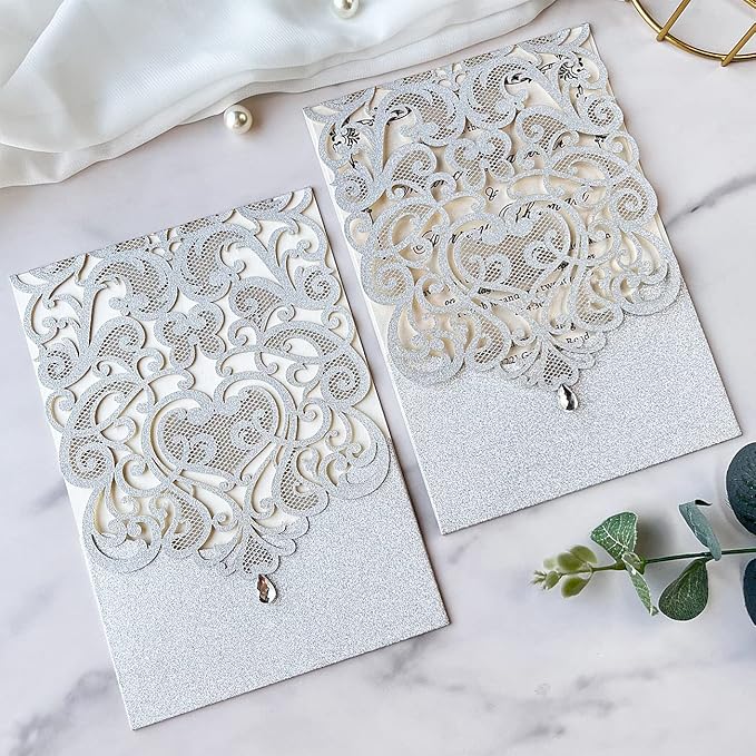 Hosmsua 5.1 x 7.3 Inch 50PCS Silver Glitter Wedding Invitation Cards - Image 4