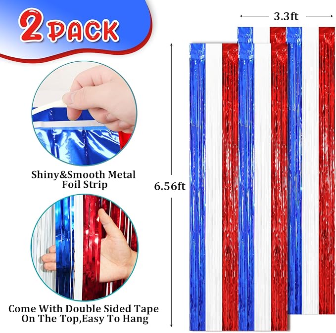 2 Pack Red White and Blue Tinsel Foil Fringe Curtains, 4th of July Decorations - Image 3