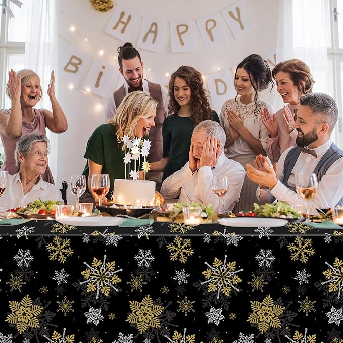 6Pcs Christmas Snowflake Party Tablecloths Decorations, Plastic Black and Gold - Image 8
