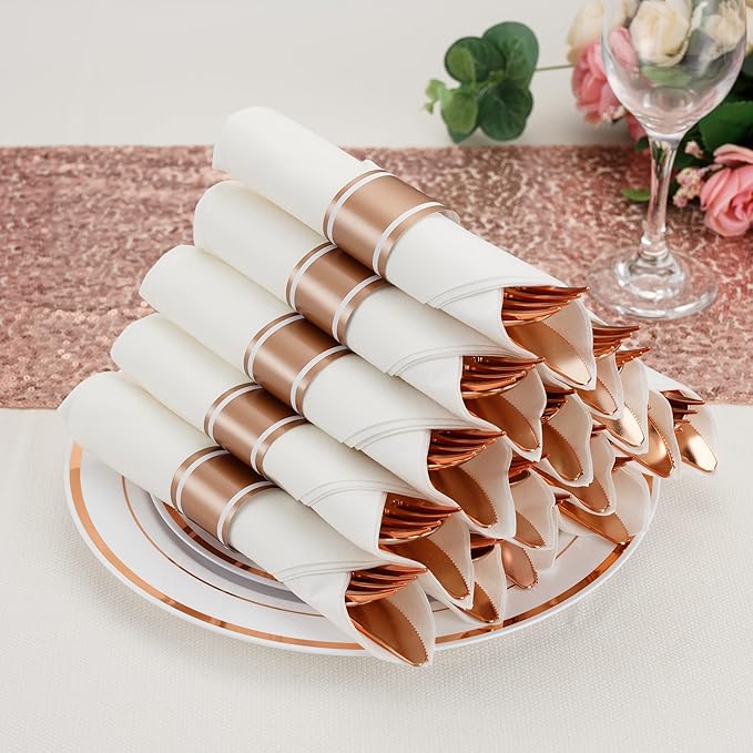 50 Pack Pre Rolled Rose Gold Plastic Silverware Set - Image 2