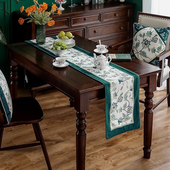 patdrea Designer Elegant French Floral Velvet Table Runner, Teal - Image 7