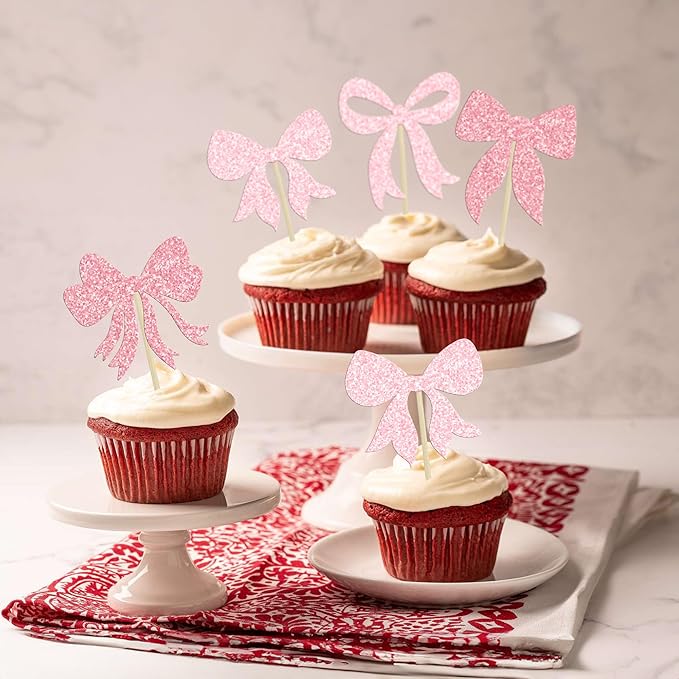 Gyufise 36Pcs Bow Cupcake Toppers Glitter Bowknot Cupcake Picks Bow Tie - Image 6