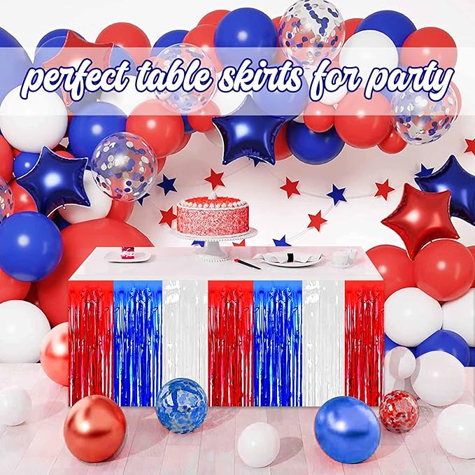 3 Pack White Blue Red Foil Fringe Table Skirts Metallic Tinsel Streamers - Image 4