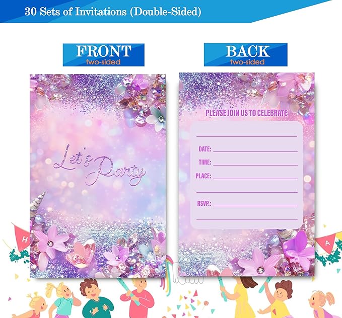Pink Birthday Invitations for Girls, Modern Sparkle Birthday Party Invitaions - Image 6
