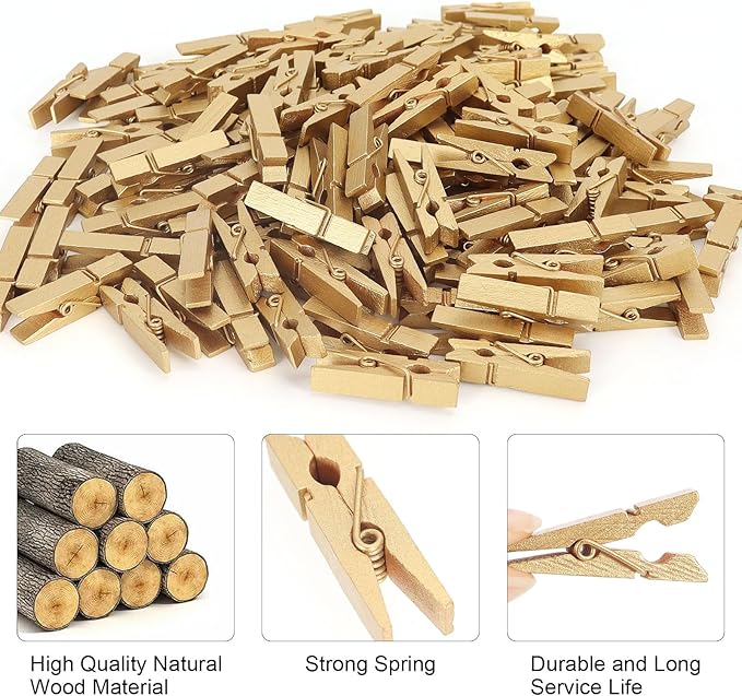 100 Pcs Gold Wooden Pins, 1.38 Inch Tapestry Clothes Pins Wall Clips Photo - Image 5