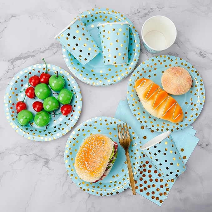 Sveikie160 Pcs blue And Gold Paper Plates, Birthday Cake Party Plates And - Image 8