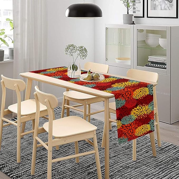 Red Yellow Dahlia Table Runner, Seasonal Autumn Thanksgiving Pattern Print - Image 5